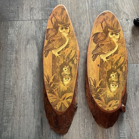 Set of vintage wood slices with 3 owls in tree varnished pictures - Picture 1 of 8